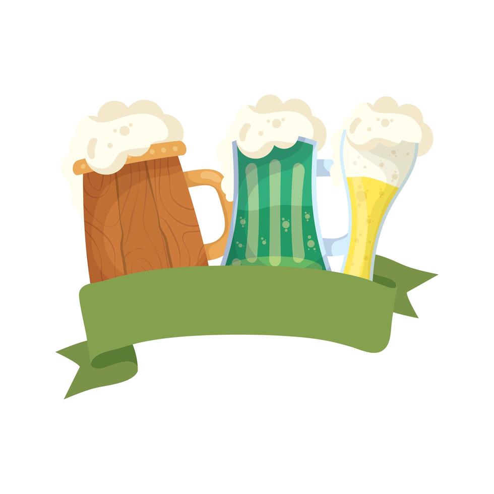 Saint Patrick Celebration Beers in Wooden Jars and Glass Ribbon Frame vector