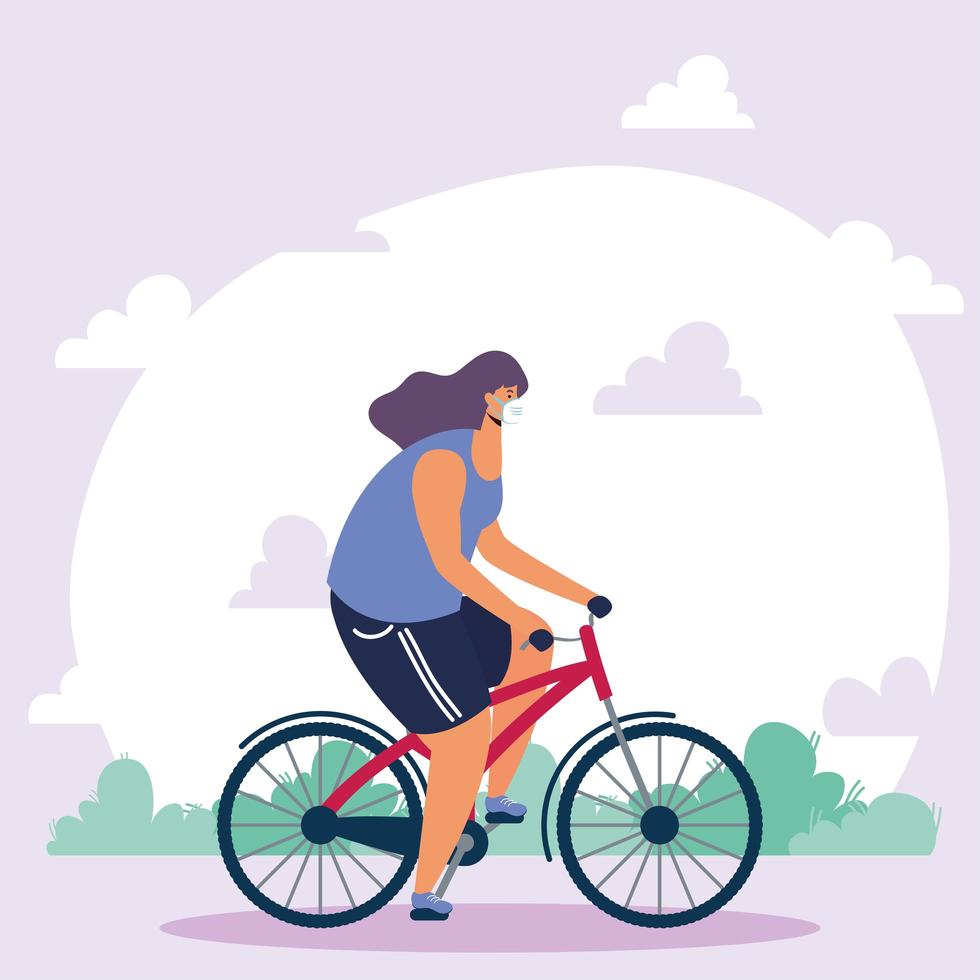 mujer joven, llevando, médico, máscara, en, bicicleta vector