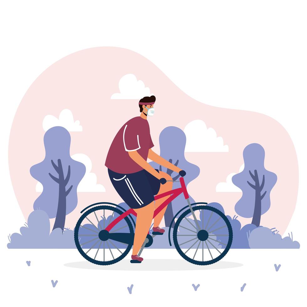 joven, llevando, médico, máscara, en, bicicleta vector