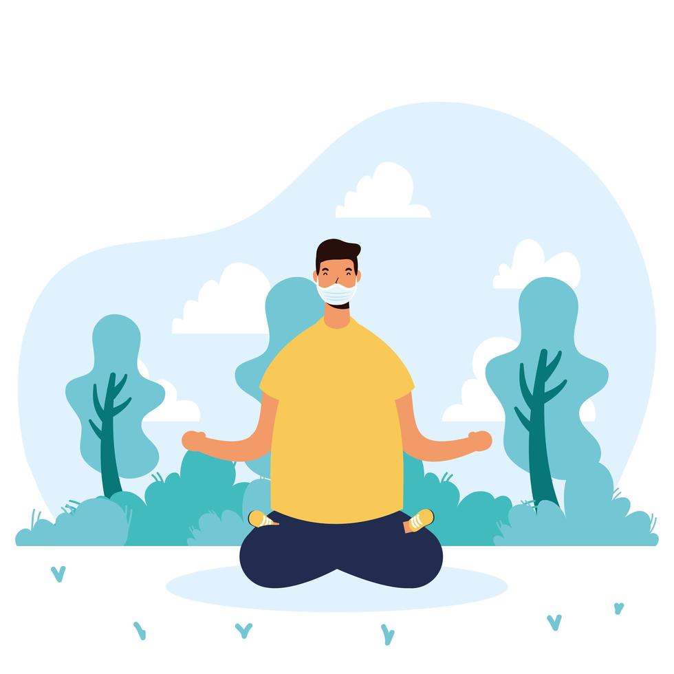 joven, llevando, médico, máscara, practicar, yoga vector