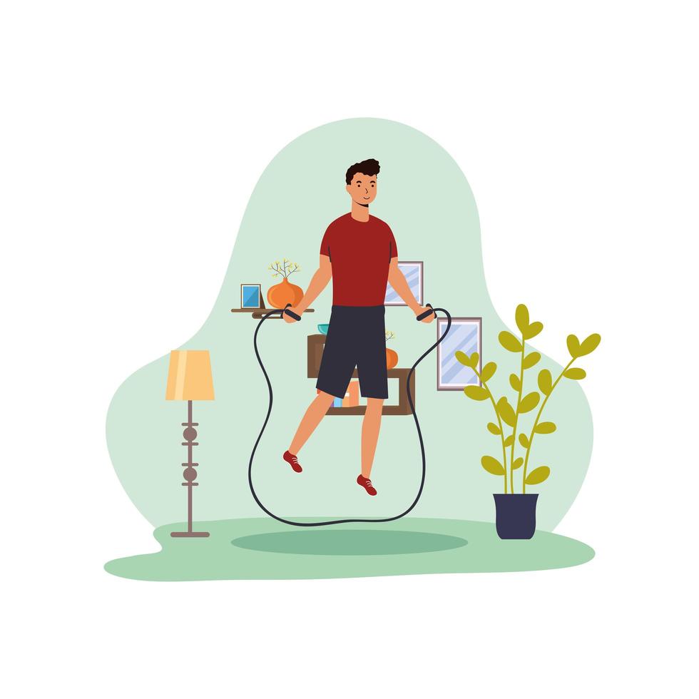 man practicing jump rope sport activity in the house vector