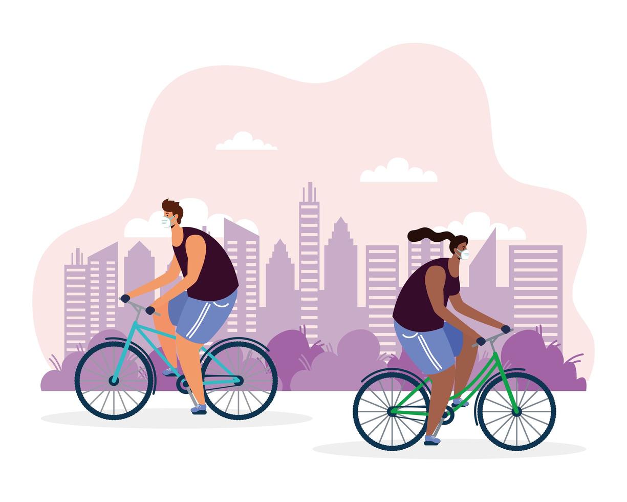 young couple riding bicycle wearing medical masks vector