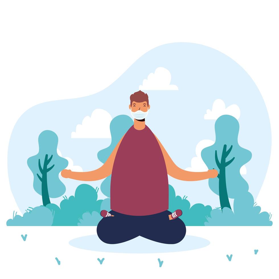 joven, llevando, médico, máscara, practicar, yoga vector