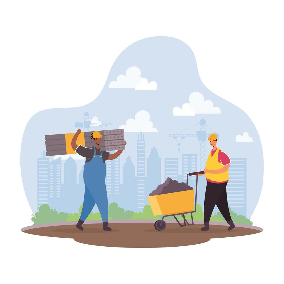 constructors workers with tools characters scene vector