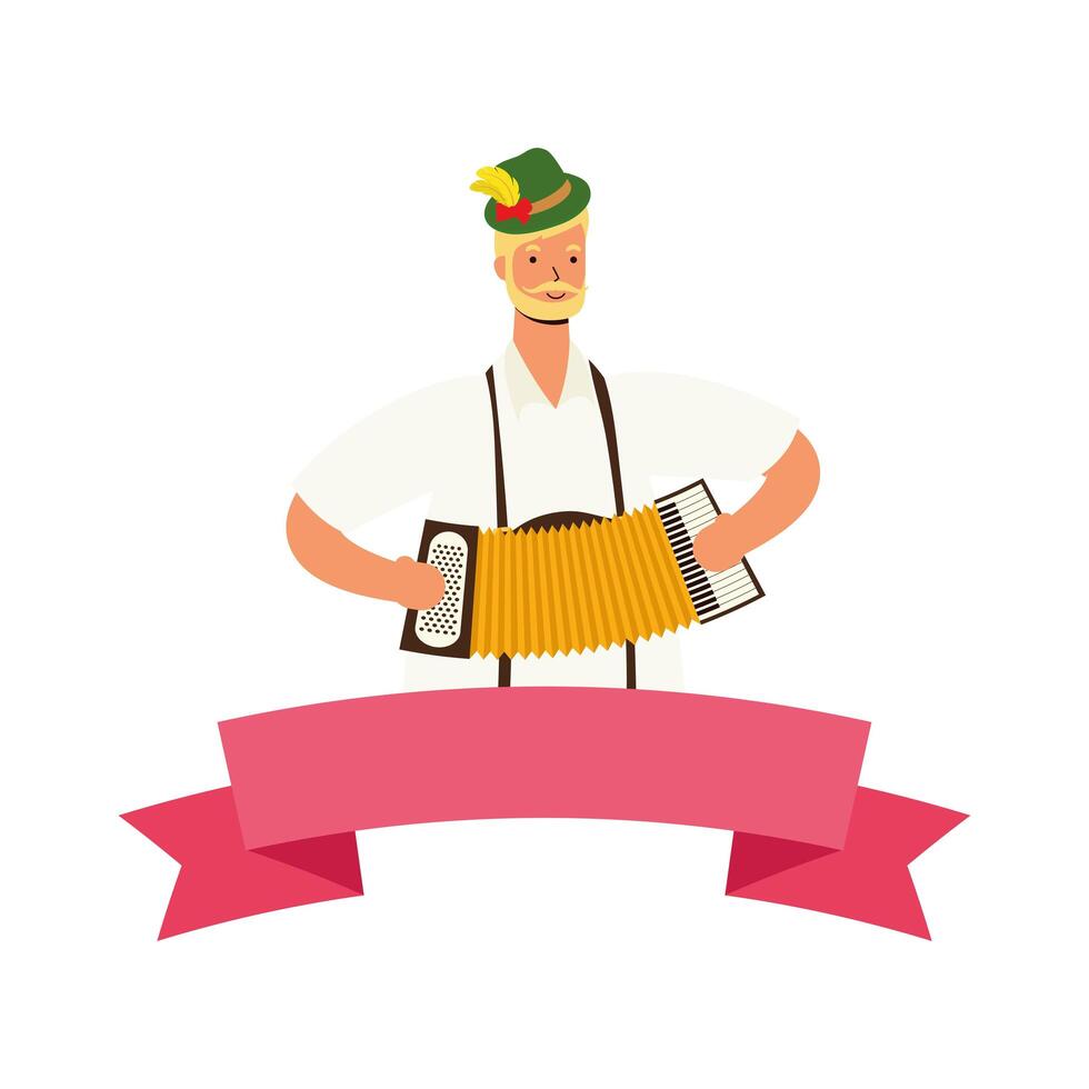 German man wearing tyrolean suit playing accordion ribbon frame vector