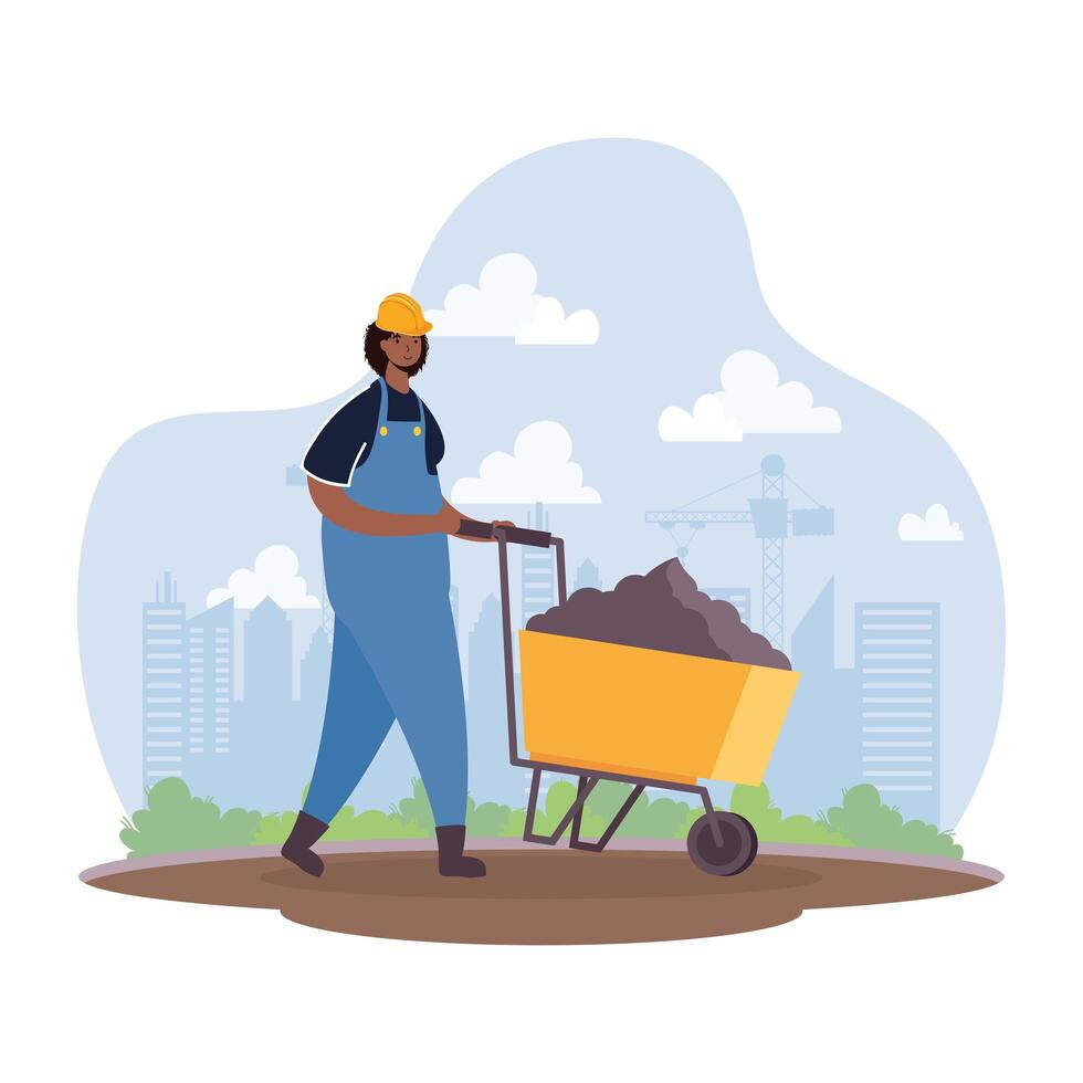 African construction worker with wheelbarrow character vector