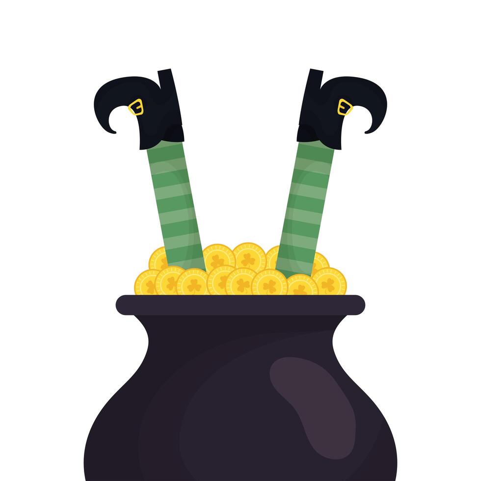 elf treasure cauldron with coins and legs leprechaun vector