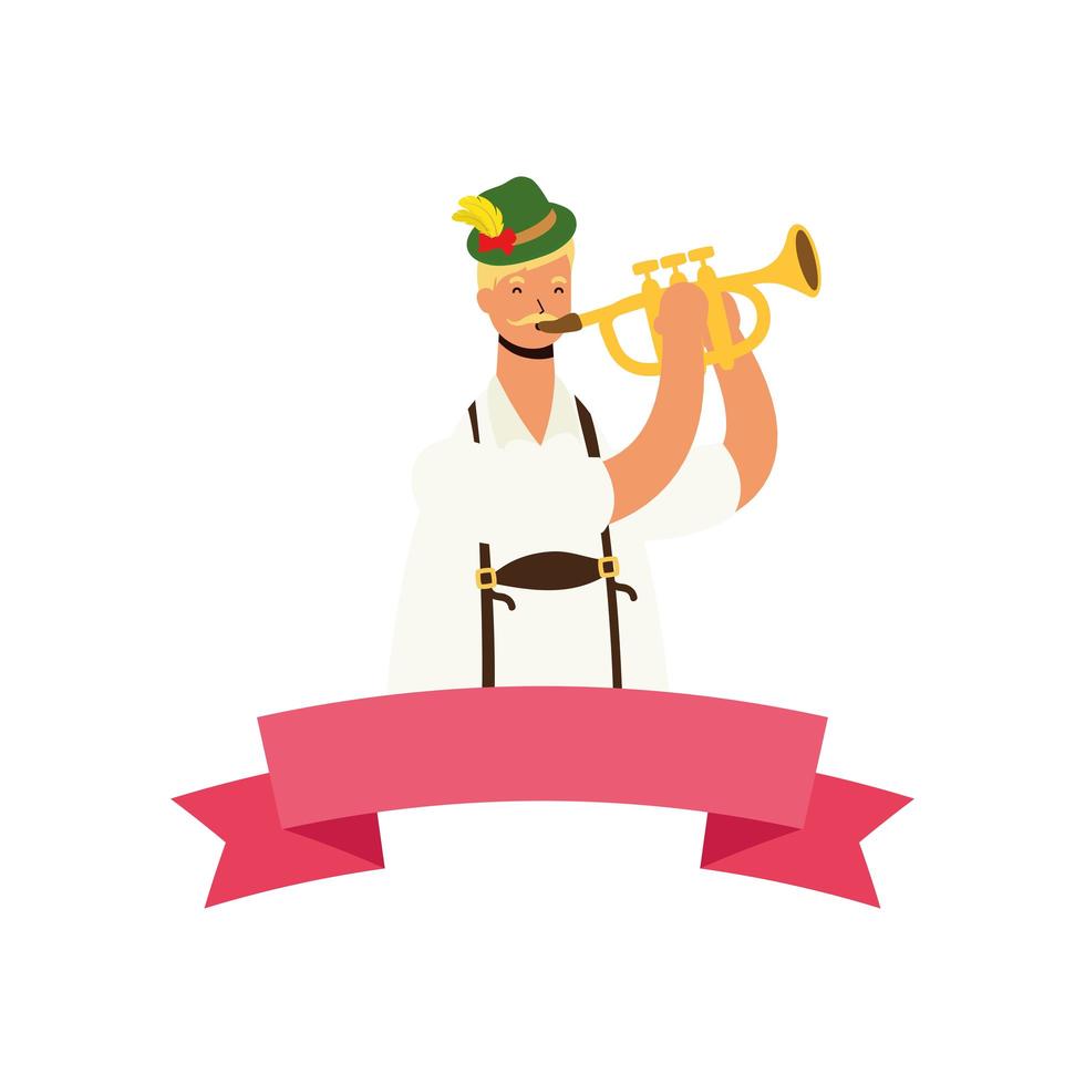 German man wearing tyrolean suit playing trumpet ribbon frame vector