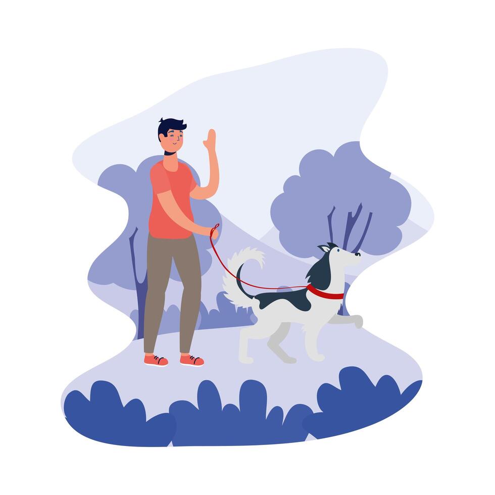 young man walking with dog vector