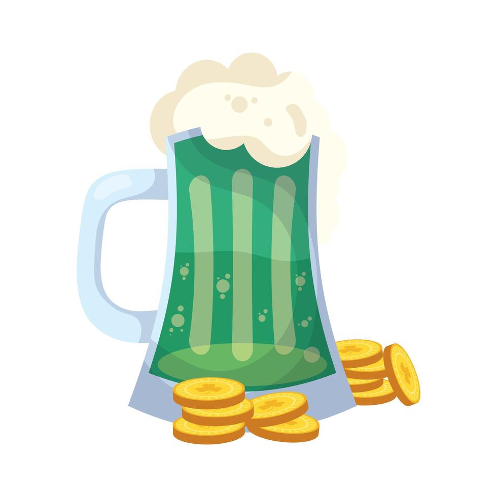 San Patricio celebración jarra de cerveza verde y monedas vector