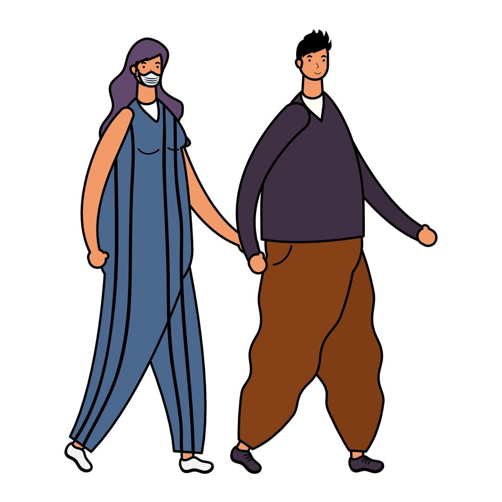 young couple wearing medical masks walking characters vector