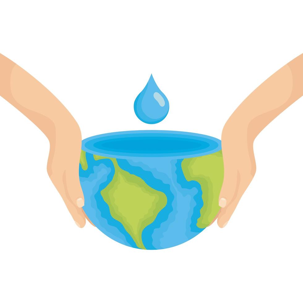 hands lifting world planet earth with drop water vector