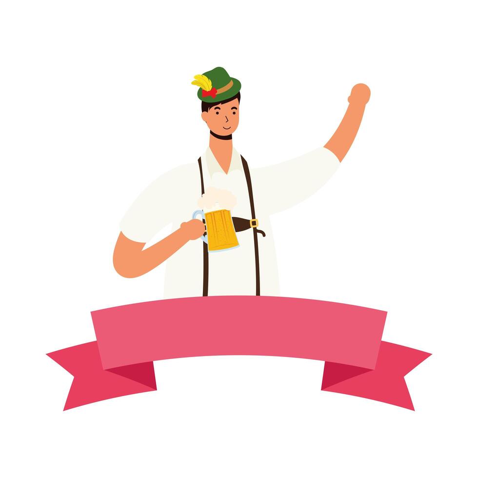 German man wearing tyrolean suit drinking beer character with ribbon vector