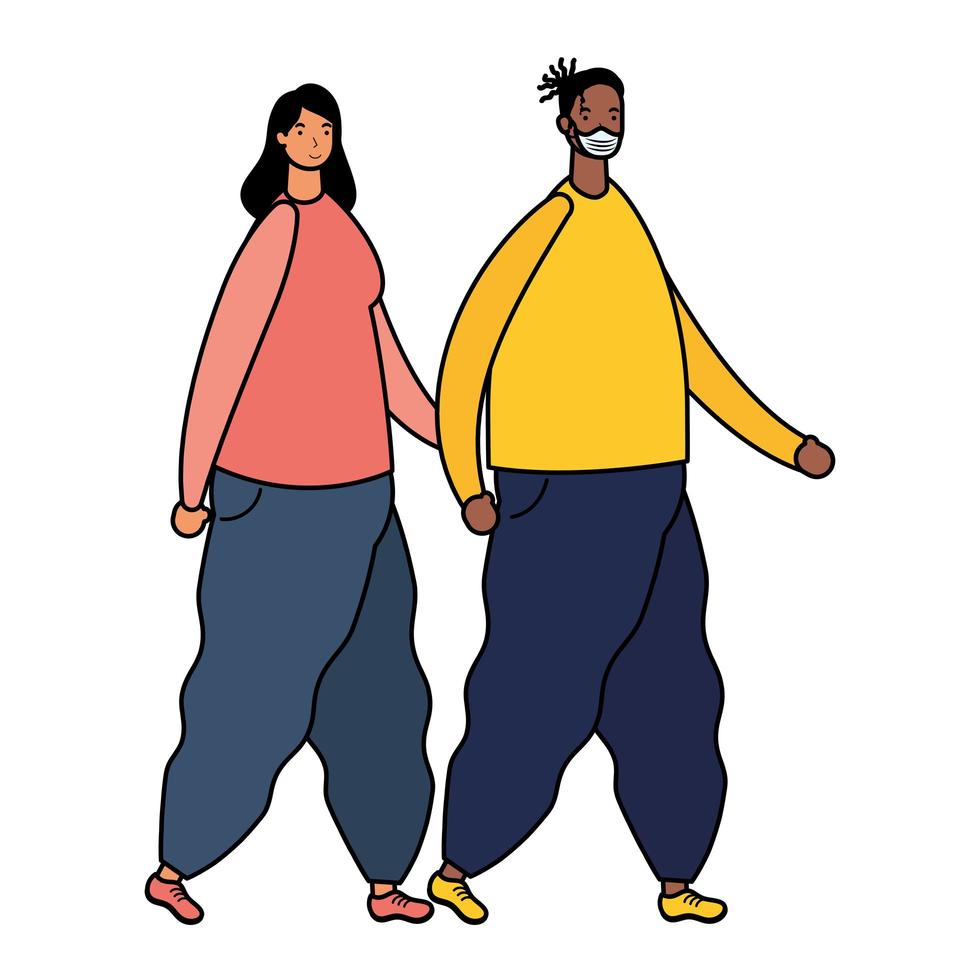 interracial young couple wearing medical masks walking characters vector