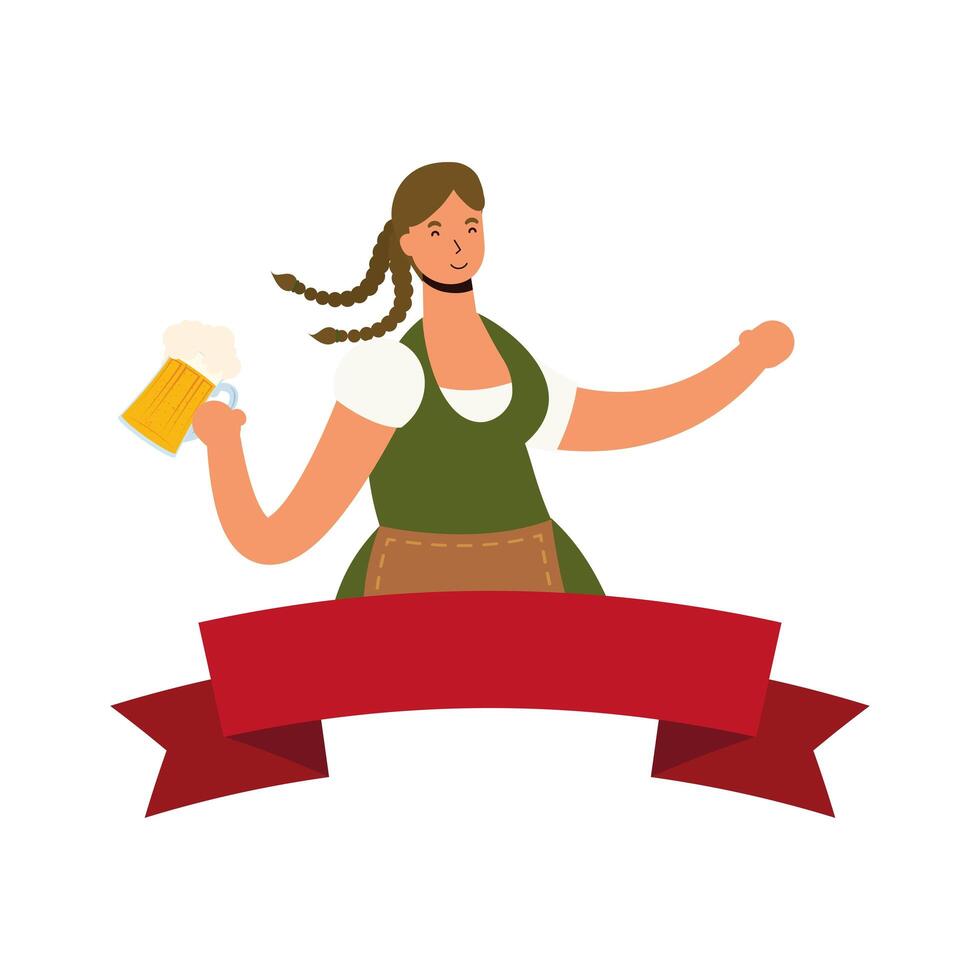 beautiful German woman with green suit drinking beer character and ribbon vector