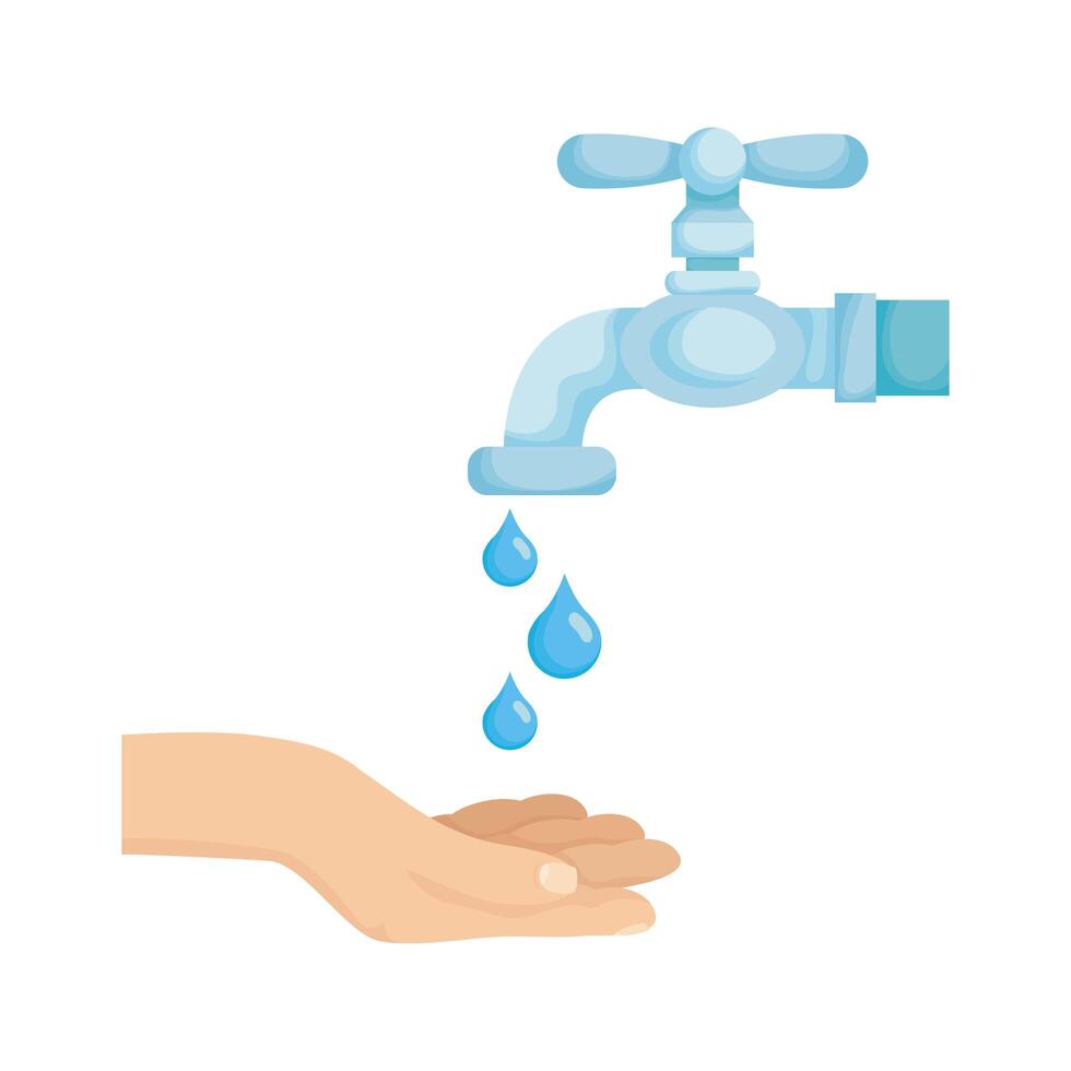 hand with water tap faucet and drops vector