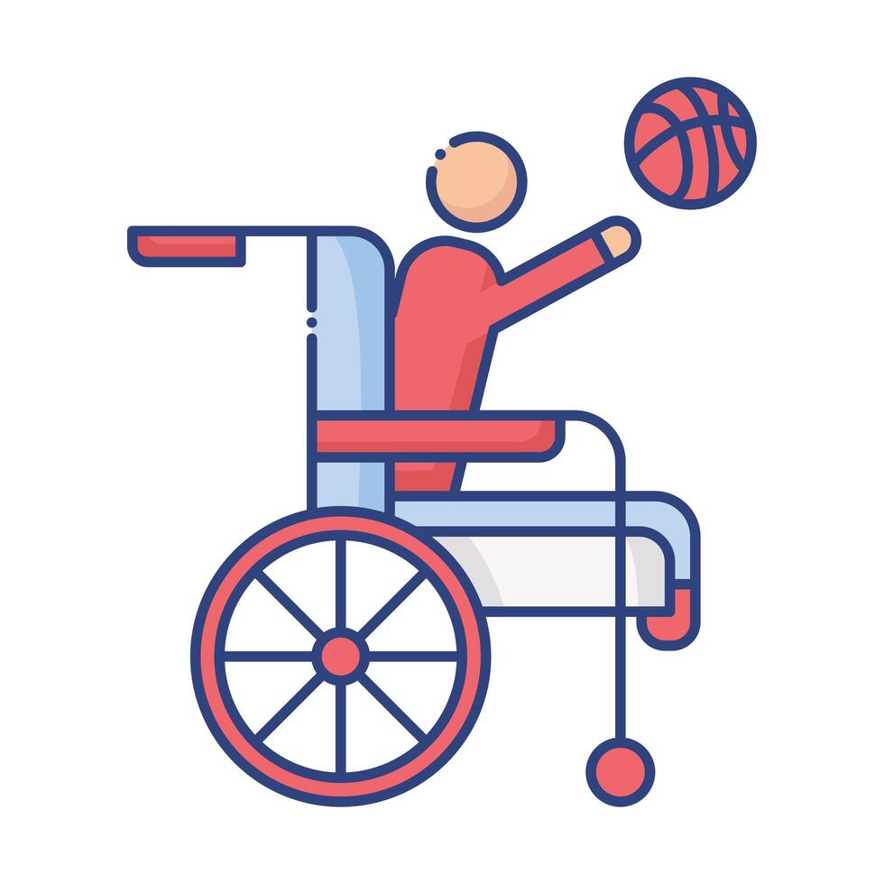 hombre jugando baloncesto en silla de ruedas discapacitados icono de estilo plano vector