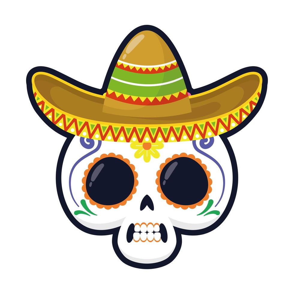 traditional Mexican skull head with mariachi hat flat style icon vector illustration design