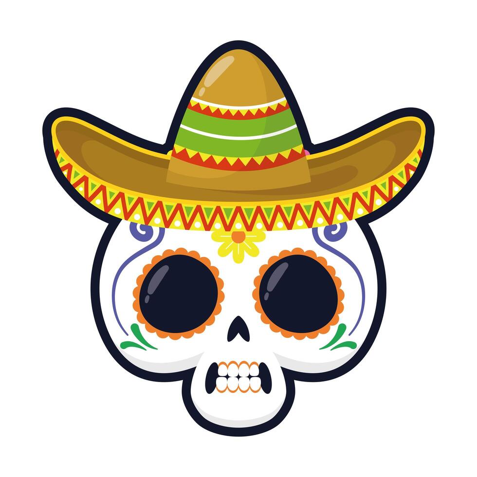 Cabeza de calavera mexicana tradicional con diseño de ilustración de vector de icono de estilo plano de sombrero de mariachi