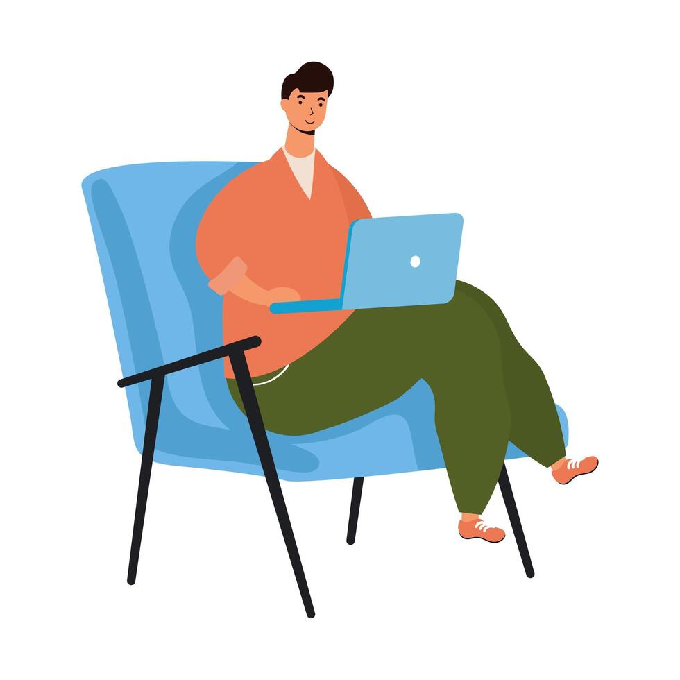 young man working in laptop seated in sofa vector