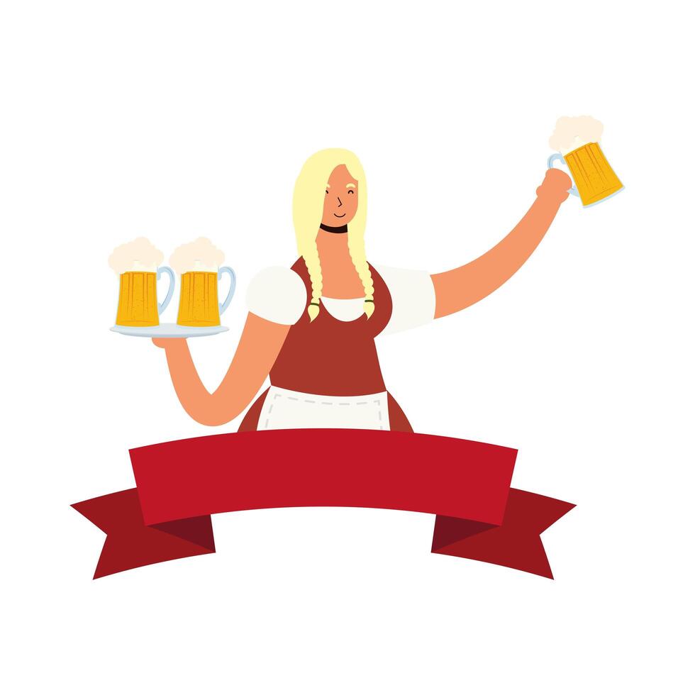 beautiful German woman drinking beers character with ribbon vector