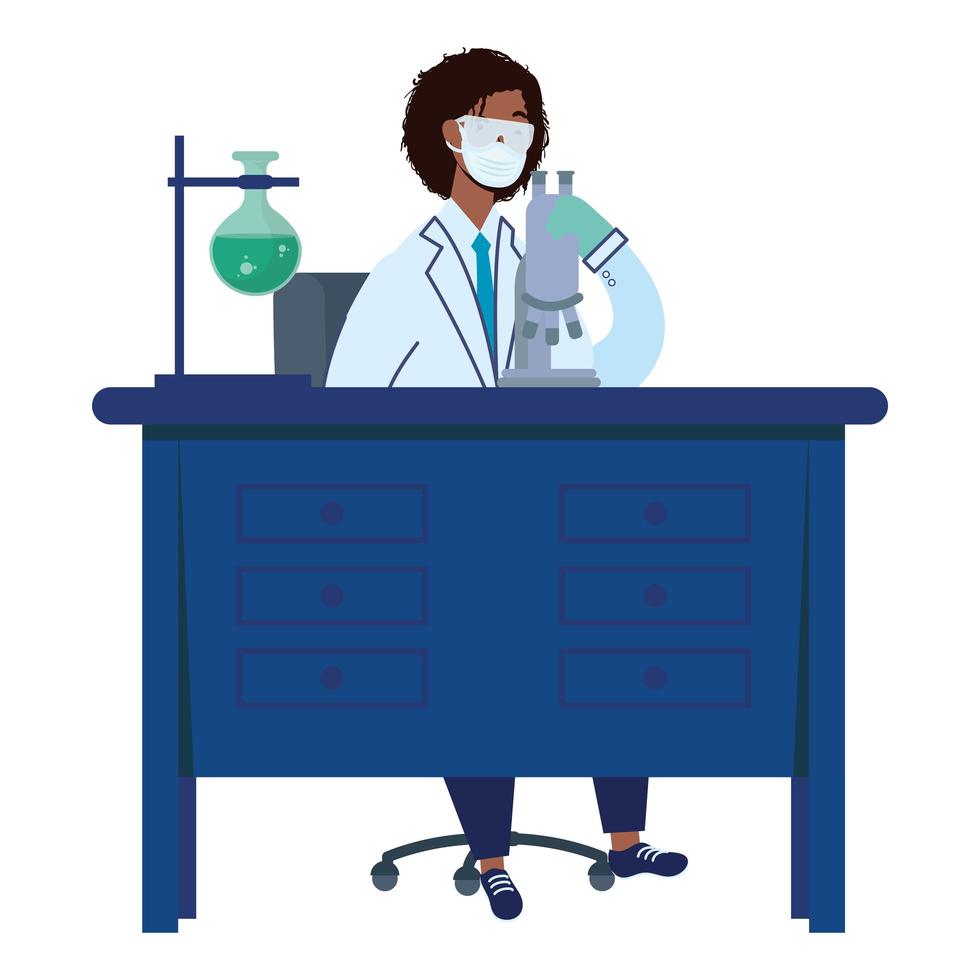 African female doctor wearing medical mask working in laboratory desk flat icons vector illustration