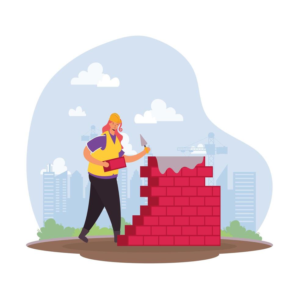 construction worker with bricks wall character vector