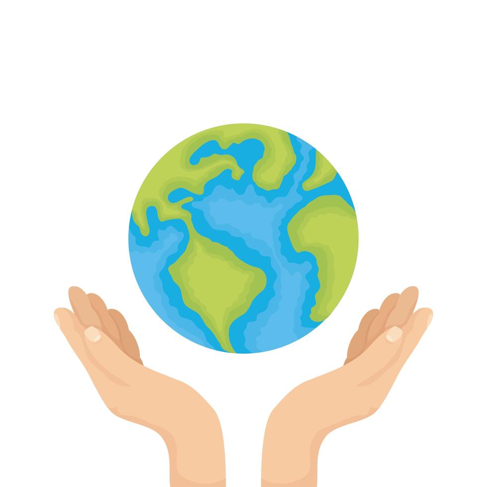 manos levantando mundo planeta tierra vector