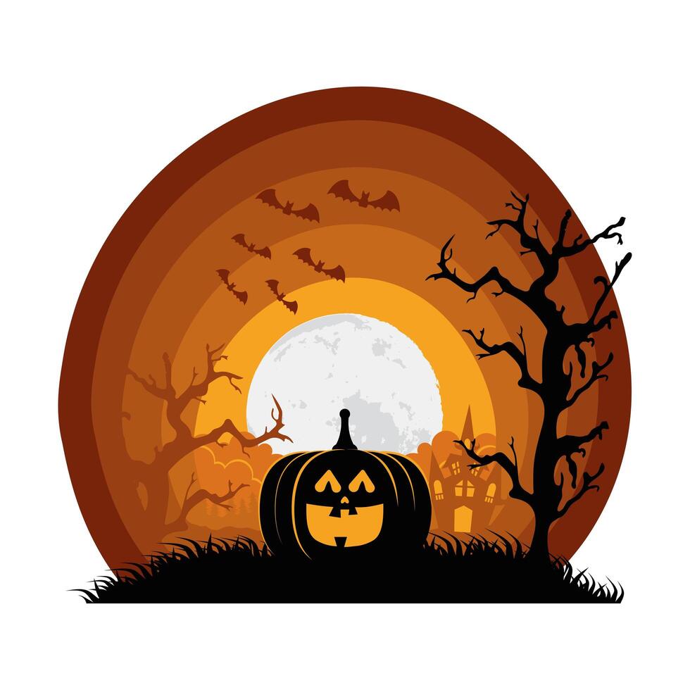 halloween pumpkin with bats flying and haunted house scene vector