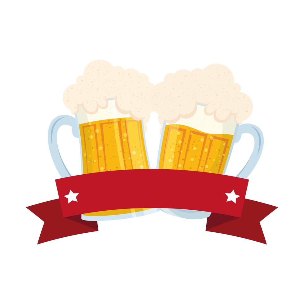 fresh beers in jars with ribbon frame vector