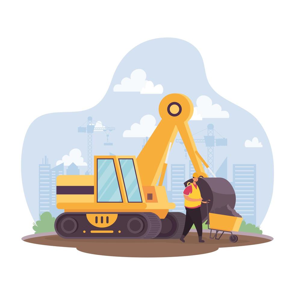 construction excavator vehicle and builder in workplace scene vector