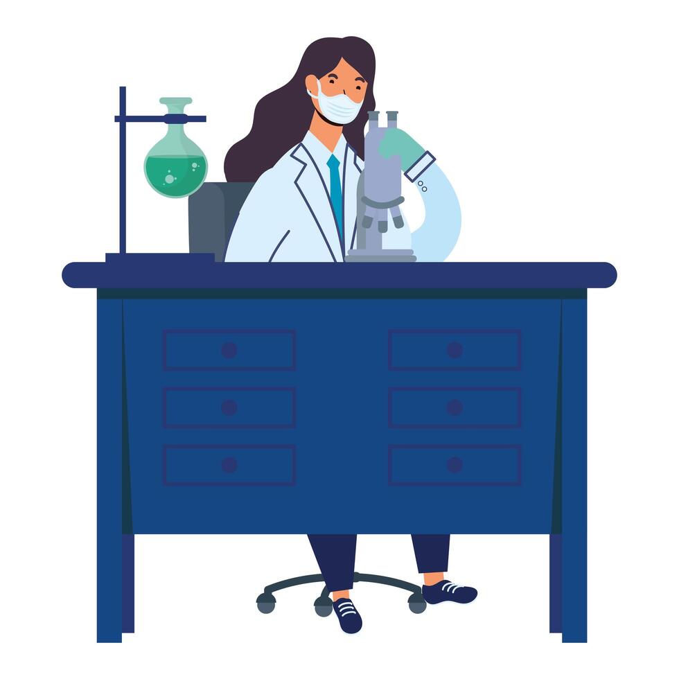 female doctor wearing medical mask woking in laboratory desk flat icons vector