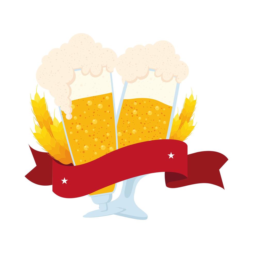 fresh beers in cups with barley spikes and ribbon icon vector