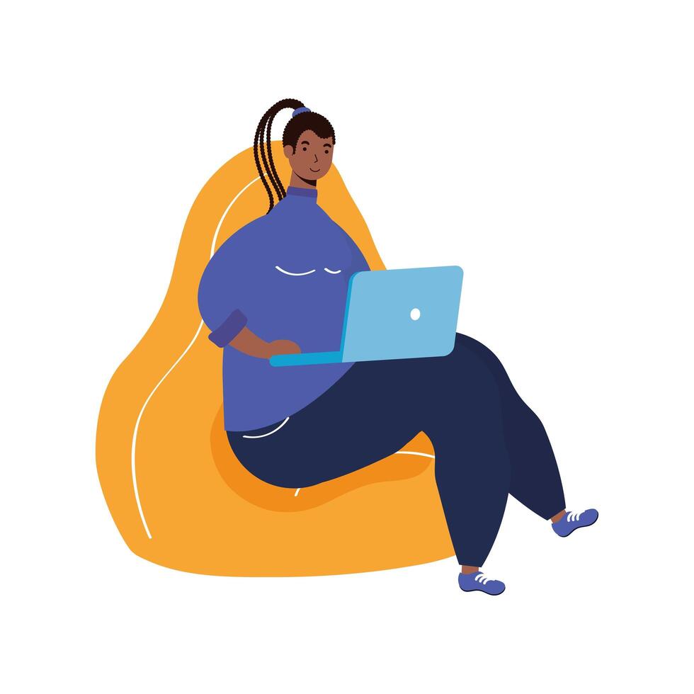 Mujer africana con peinado rasta trabajando en una computadora portátil sentada en un sofá, diseño de ilustraciones vectoriales vector