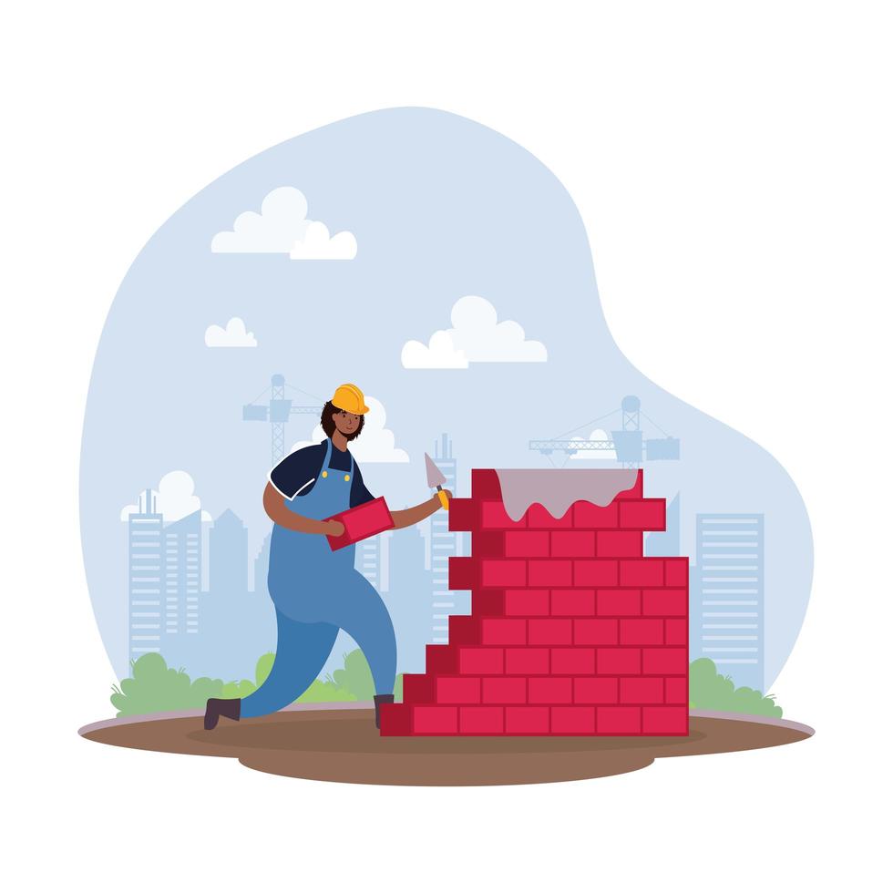 African construction worker with brick wall character scene vector