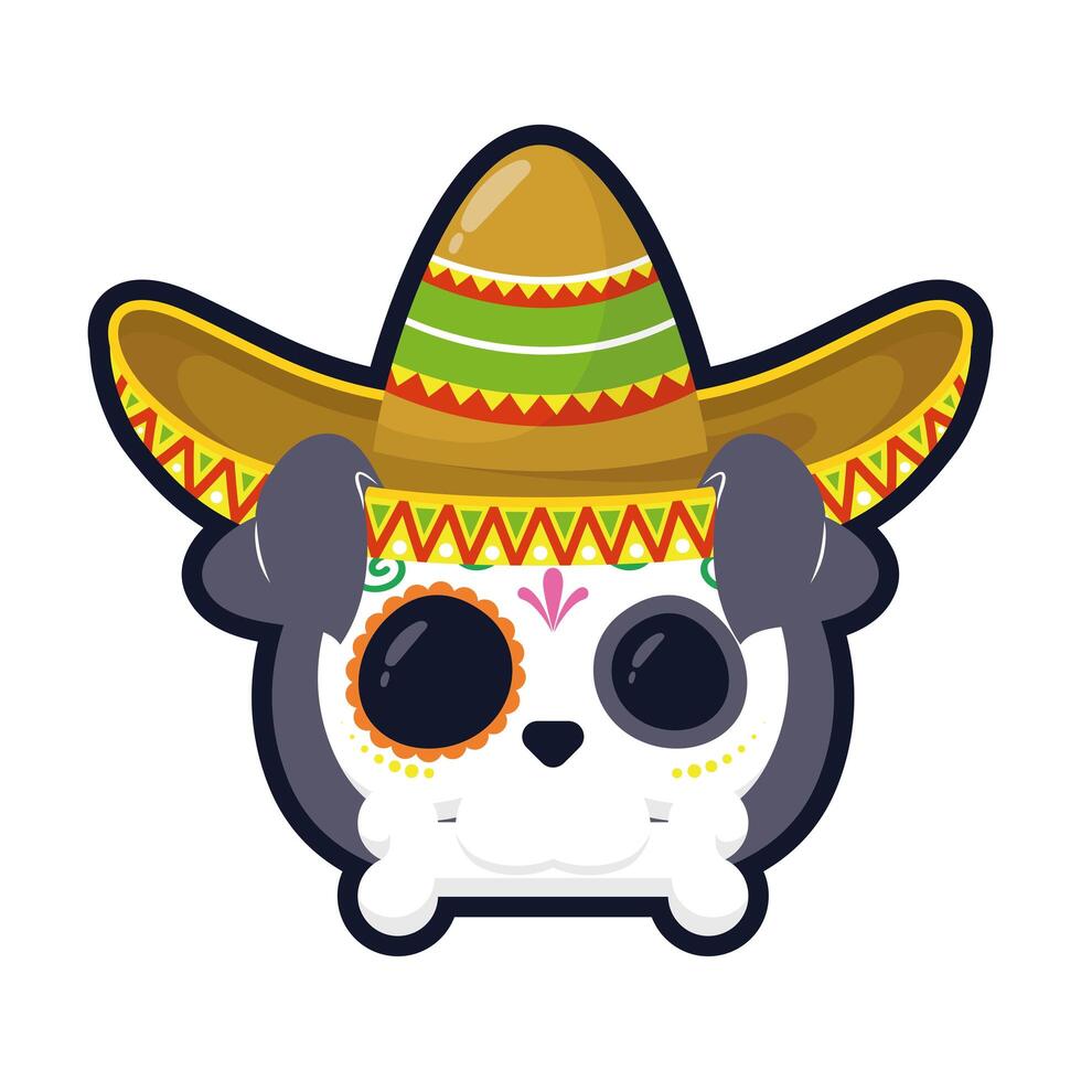 Cabeza de cráneo de perro mexicano tradicional con diseño de ilustración de vector de icono de estilo plano de sombrero de mariachi