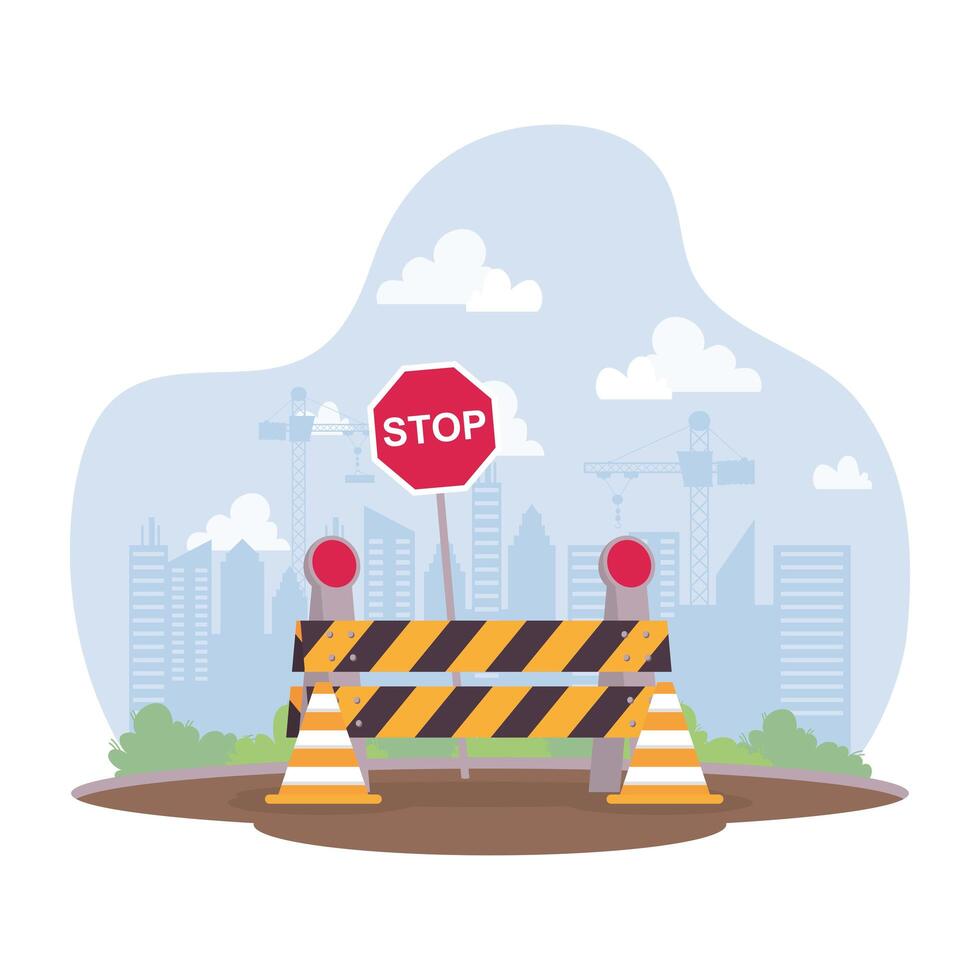 construction scene with barricade and stop signal vector
