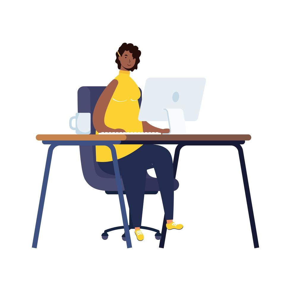 mujer africana, trabajando, en, escritorio, lugar de trabajo, escena vector