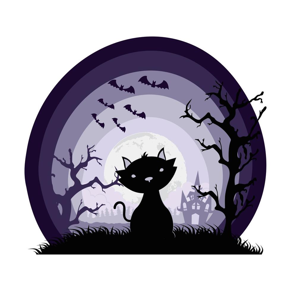 halloween cat black mascot and bats flying in dark scene vector