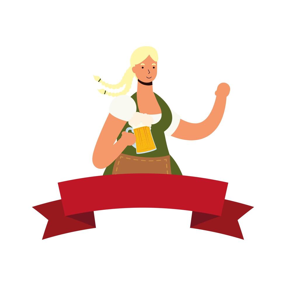 beautiful German blond woman drinking beer character with ribbon frame vector