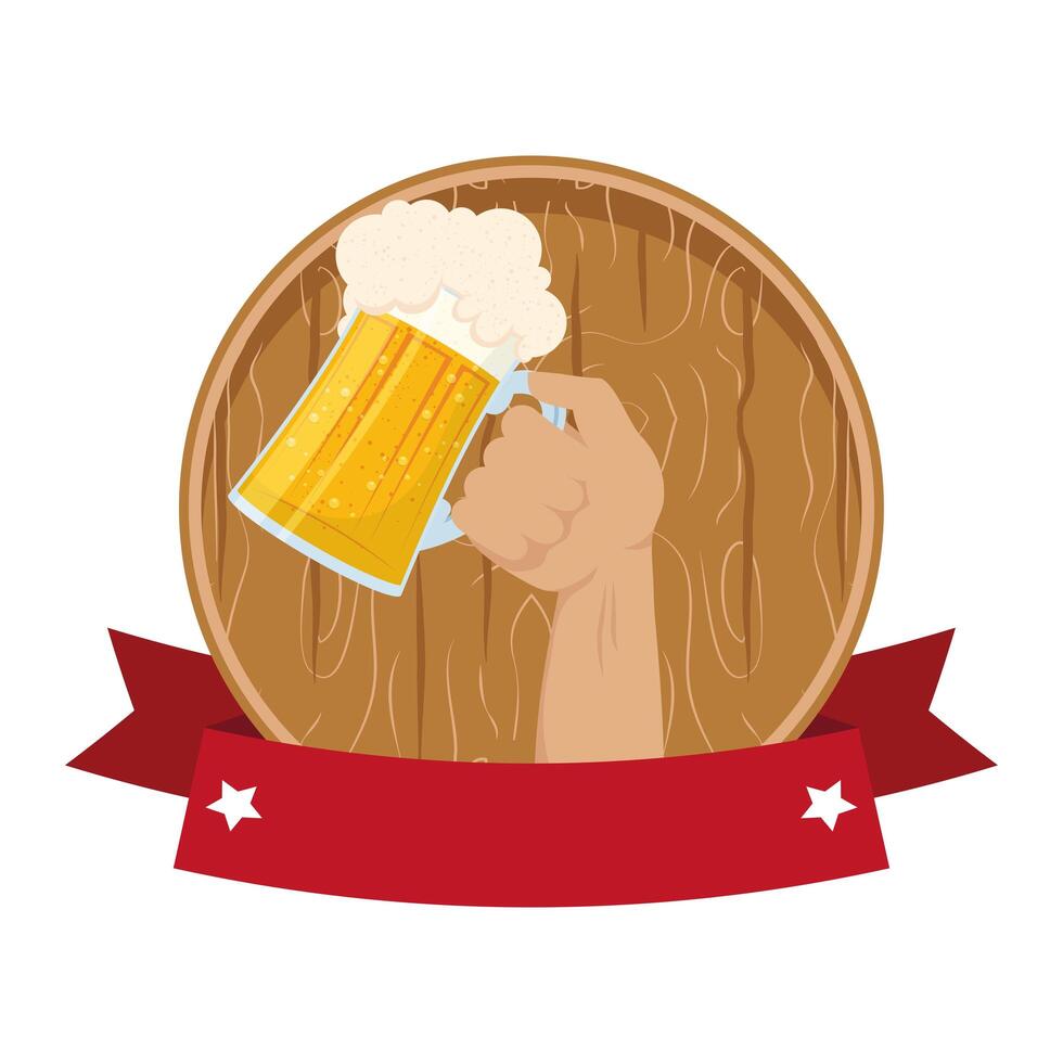 beer wooden barrel with hand lifting jar vector