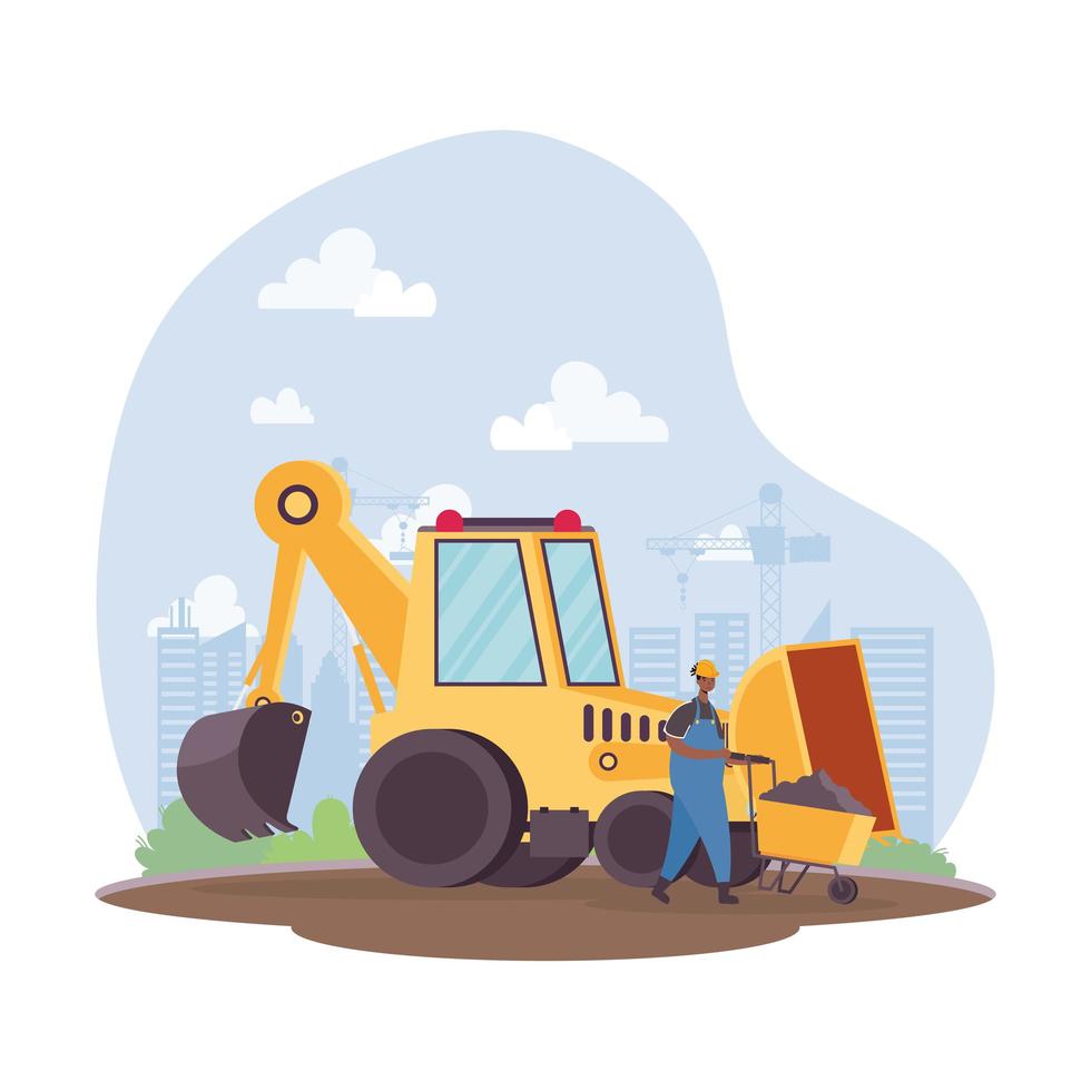 construction excavator vehicle and African builder in workplace scene vector