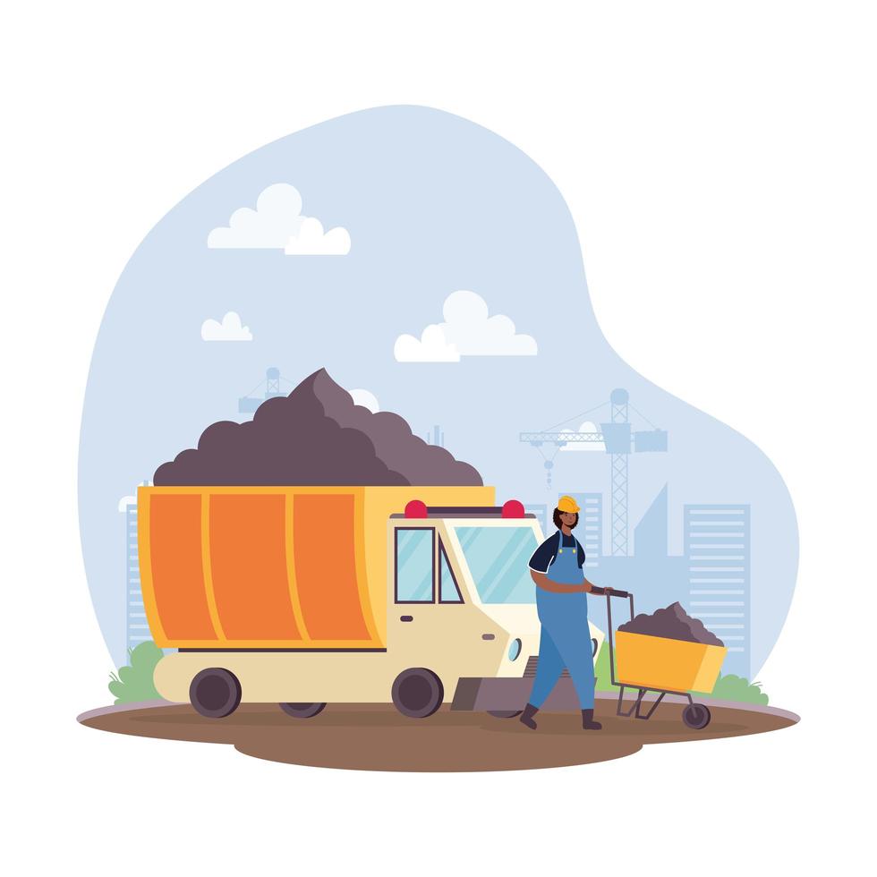 construction dump vehicle with builder in workplace scene vector