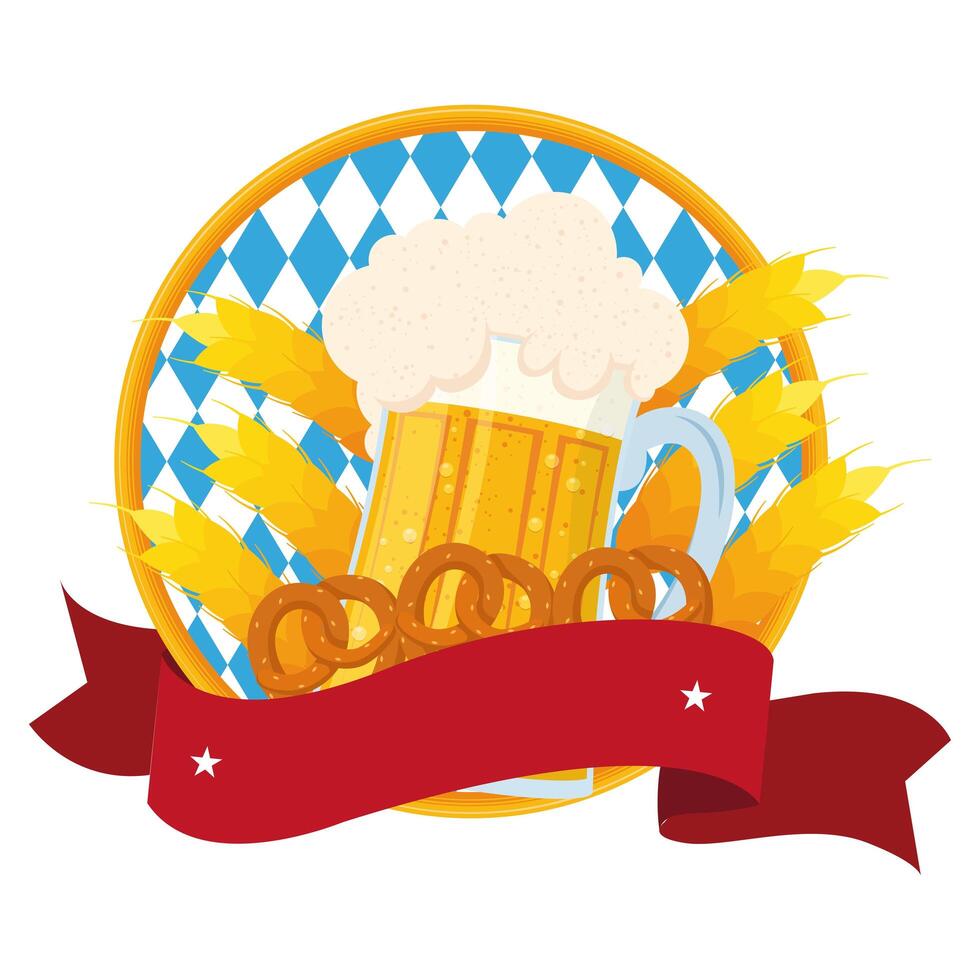 Bandera de oktoberfest con cerveza fresca en tarro y pretzels vector