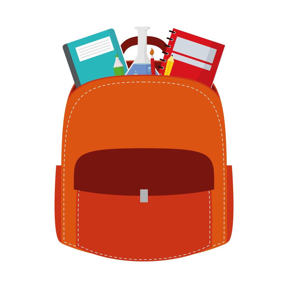 equipo de mochila escolar con cuadernos y útiles vector