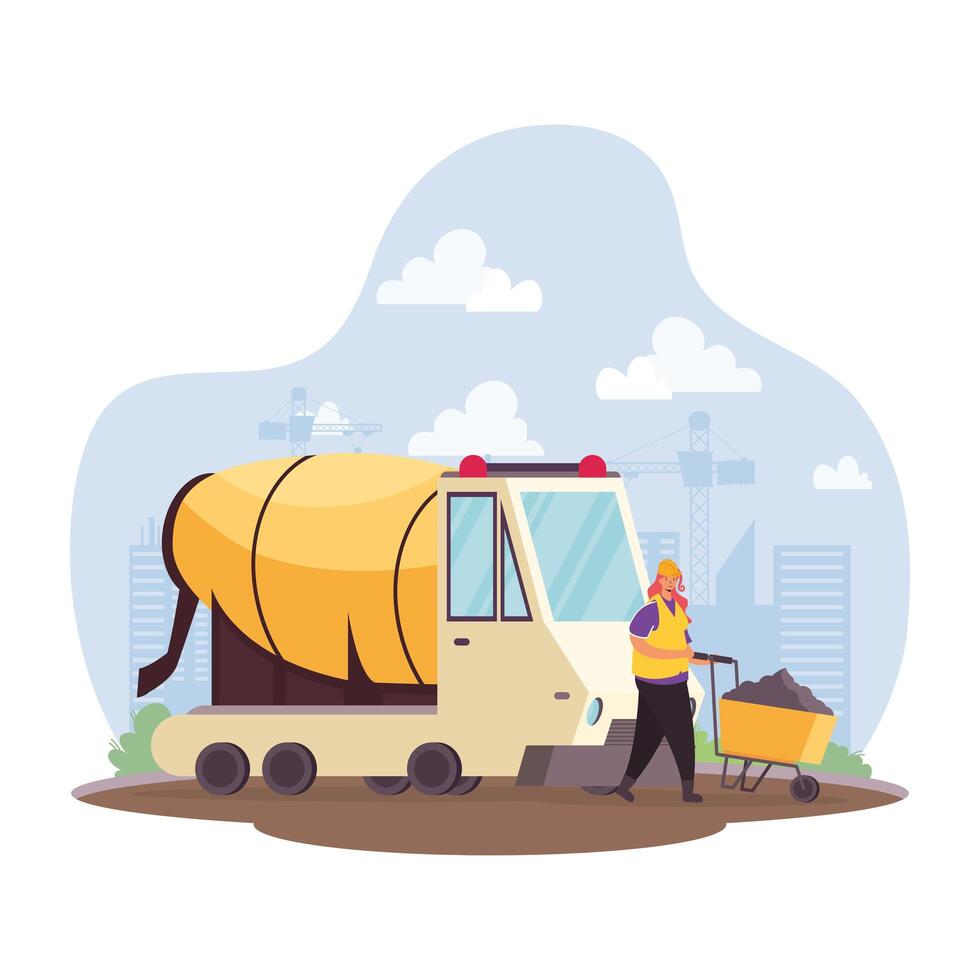 construction concrete mixer vehicle and builder in workplace scene vector