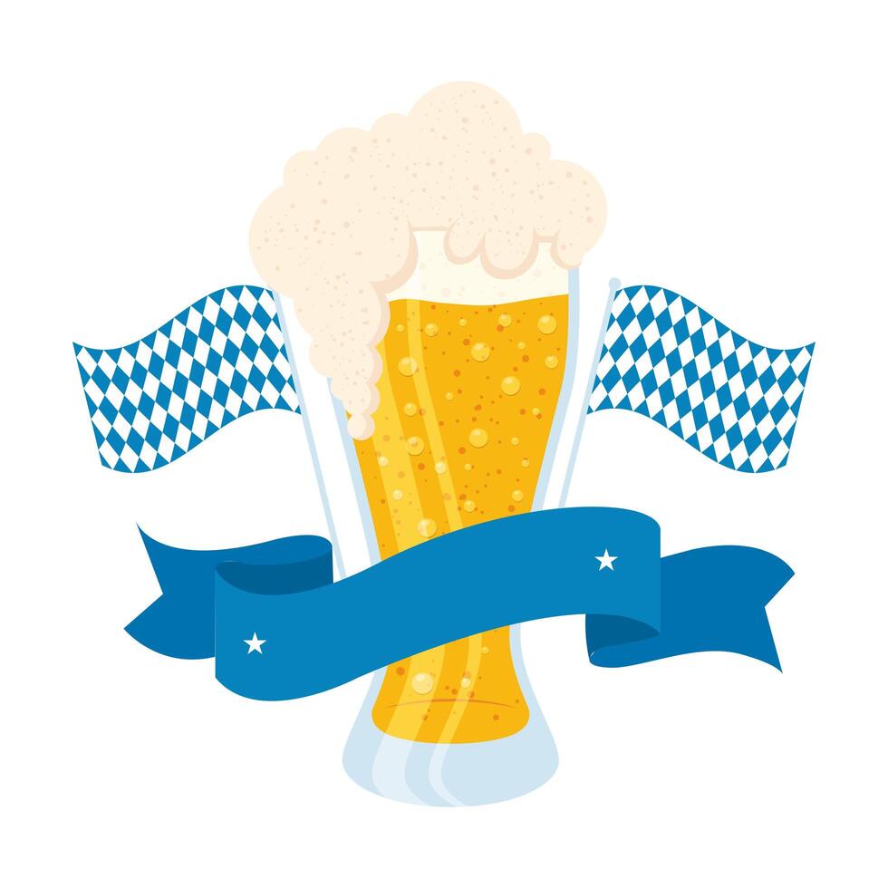 fresh beer in glass with Oktoberfest flags and ribbon frame vector