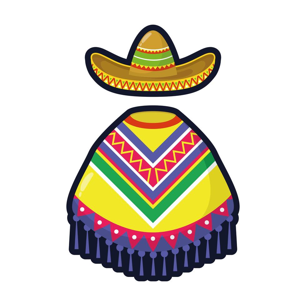 Mexican culture poncho and mariachi hat flat style vector illustration design