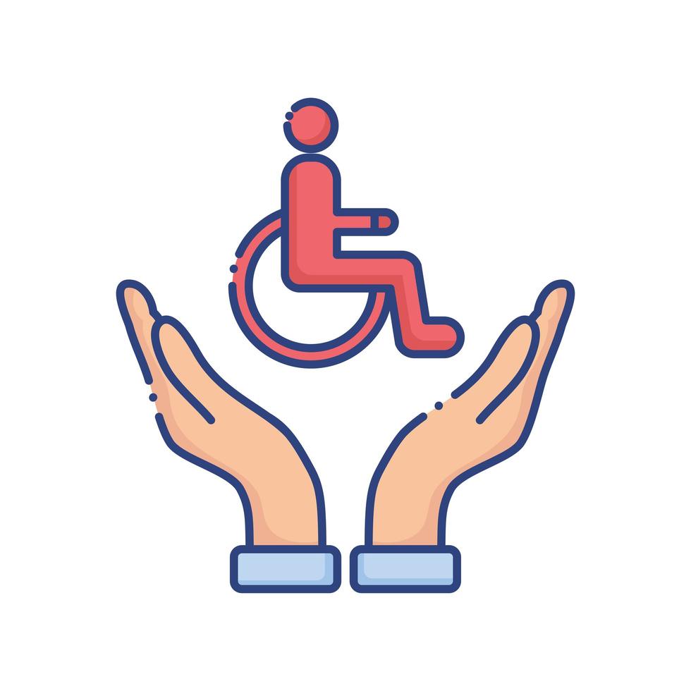manos protegiendo silla de ruedas discapacitados icono de estilo plano vector