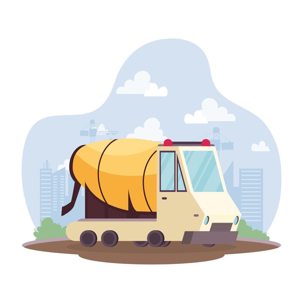 construction concrete mixer vehicle in workplace scene vector